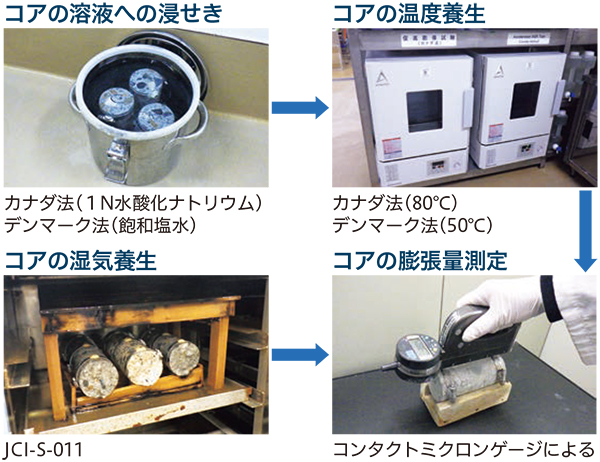 コンクリートコアの潜在膨張試験の様子